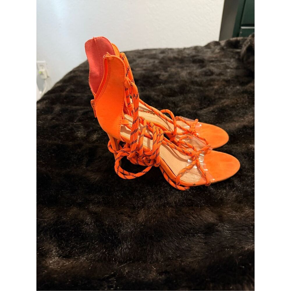 Liliana safety orange lace up gladiator heels‎ shoes 8.5
